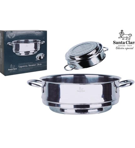 Set of two Santa Clara steam ovens with roasting pans in stainless steel, measuring 25.7x34x9.5 cm, for home cooking and baking.
