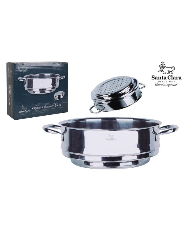 Set of two Santa Clara steam ovens with roasting pans in stainless steel, measuring 25.7x34x9.5 cm, for home cooking and baking.