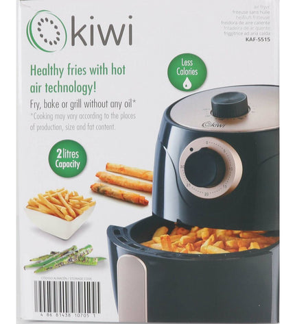 Kiwi luchtfriteuse 1000W, 2L capacity, compact electric fryer for healthy cooking, black and silver design.
