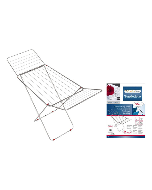 Confortime 18m foldable laundry line in silver metal, 180x55x109cm, with six units for household drying and storage.