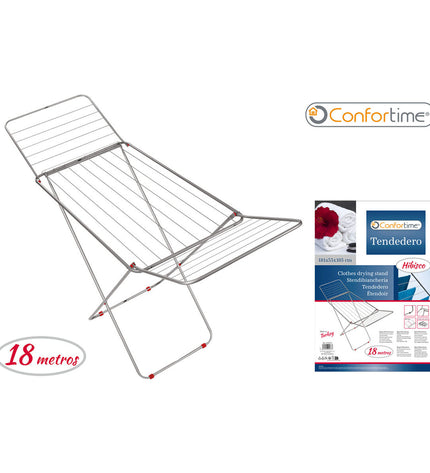 Confortime 18m foldable laundry line in hibiscus silver metal, shown extended with six units, compact storage for household organization.