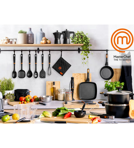 Six MasterChef Italian coffee pots for brewing espresso, shown in a set, with classic design and metallic finish.