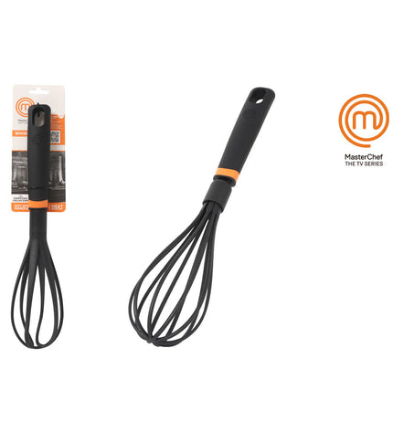 MasterChef milk frother for coffee and tea, showing stainless steel body and frothing attachment in use.