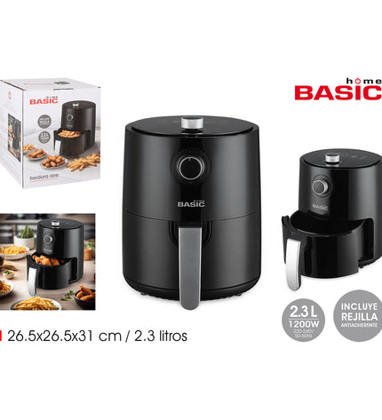 Basic Home black air fryer with 1200W power and 2.3L capacity, compact kitchen appliance for healthy frying.