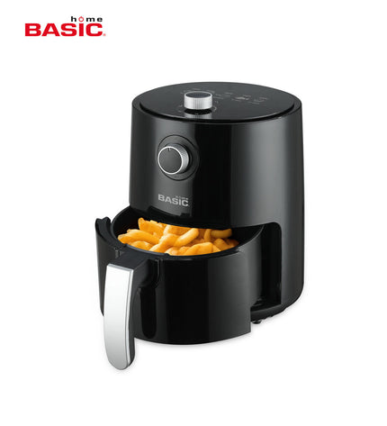 Black Basic Home air fryer with 2.3L capacity, 1200W, compact design for home cooking.