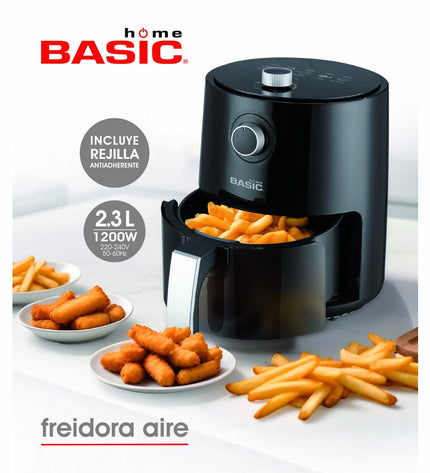 Basic Home luchtfriteuse in zwart with 1200W power and 2.3L capacity, compact electric kitchen appliance for healthy frying.