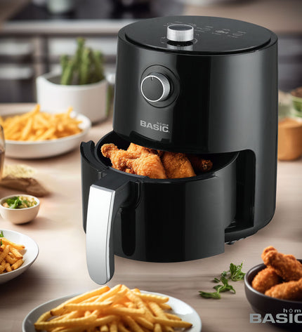 Basic Home luchtfriteuse in zwart, 1200W, compact design with 2.3L capacity for healthy frying at home.