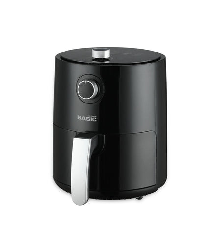 Basic Home luchtfriteuse in zwart with 1200W power and 2.3L capacity, compact electric kitchen appliance for healthy frying.