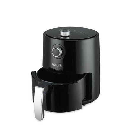Basic Home luchtfriteuse in zwart with 1200W power and 2.3L capacity, compact small electric kitchen appliance.