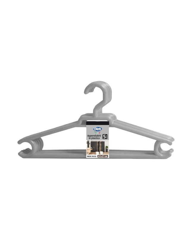 Set of five colorful plastic Kleerhangers from Dem, 42 x 20 cm, ideal for household storage and organization.