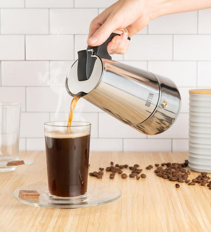 Set of six Quttin Italian coffee pots with nine cups, ideal for brewing and serving traditional Italian coffee.