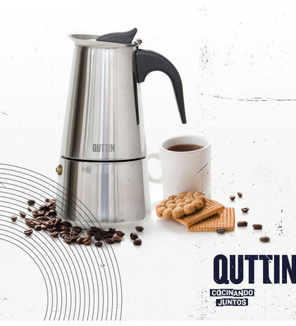 Quttin Italiaanse koffiepot with 9 cups, classic stovetop moka maker in stainless steel, suitable for brewing rich coffee at home.