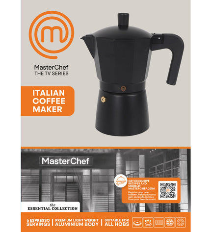 Six MasterChef Italiaanse koffiepotten for brewing traditional espresso, displayed with handles and spouts in a set.