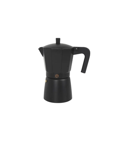 Set of six MasterChef Italian coffee pots with stainless steel bodies and black handles, ideal for brewing espresso-style coffee.