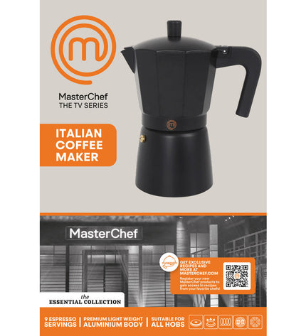 Six MasterChef Italian coffee pots for home brewing, featuring stainless steel design and classic stovetop espresso pot style.