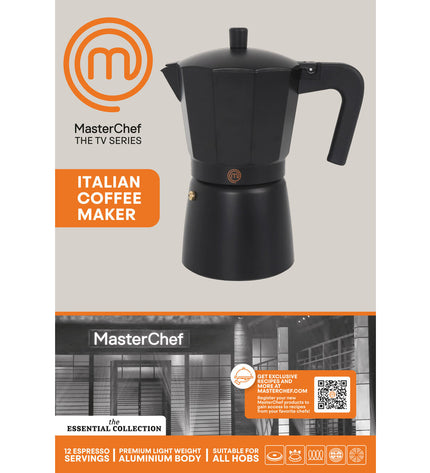 Set of six MasterChef Italiaanse koffiepotten for brewing espresso, made of stainless steel with black handles.