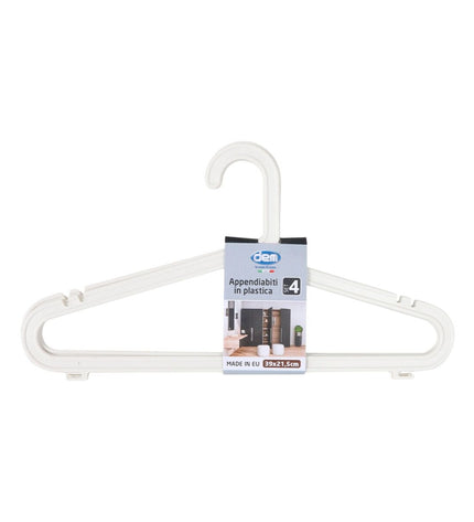Set of 12 Dem plastic clothes hangers with 4 components for home organization and storage, featuring sturdy design and easy-to-use clips.