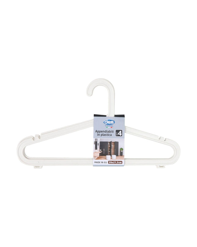 Set of 12 Dem plastic clothes hangers with 4 components for home organization and storage, featuring sturdy design and easy-to-use clips.