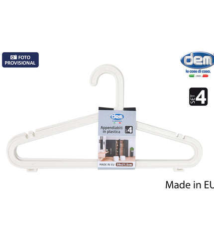 Set of 12 Dem plastic clothing hangers with 4 components, ideal for home storage and organization.