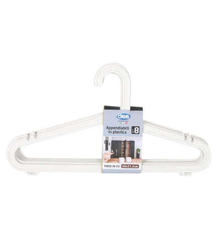 Set of 8 Dem plastic clothing hangers with 12 pieces, ideal for home storage and organization.