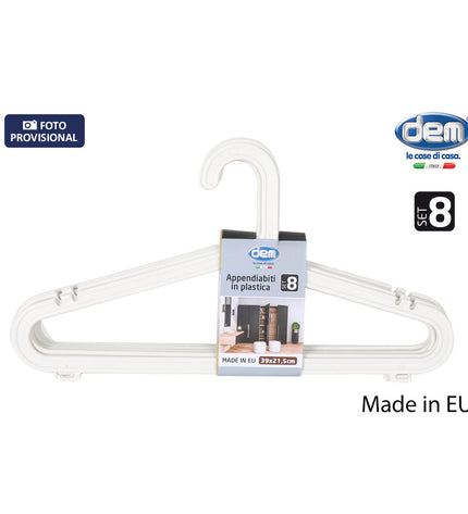 Set of 12 Dem plastic clothing hangers with 8 parts, ideal for home and kitchen storage and organization.