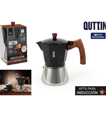 Six black Quttin Italian coffee pots, 0.3L each, used for brewing traditional espresso-style coffee in the kitchen.