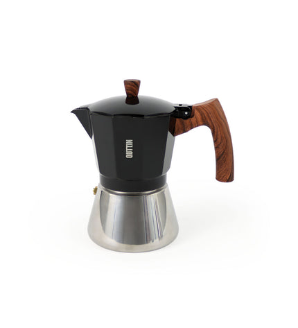 Set of six black Quttin Italian coffee pots, 0.45L each, ideal for brewing traditional coffee in the kitchen.