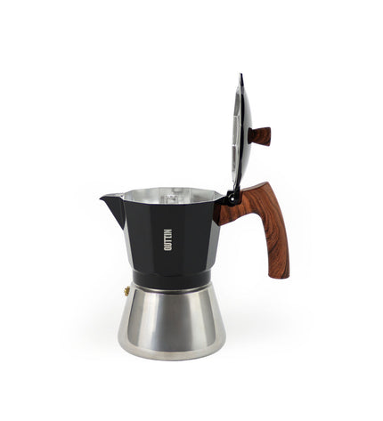 Set of six black Quttin Italian coffee pots, 0.45L, for brewing traditional coffee in a kitchen or coffee corner.