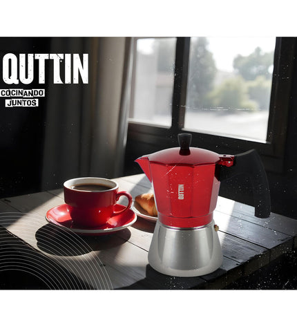 Six red Quttin Italian coffee pots made of aluminum, each with a 0.45L capacity, for brewing traditional coffee at home.