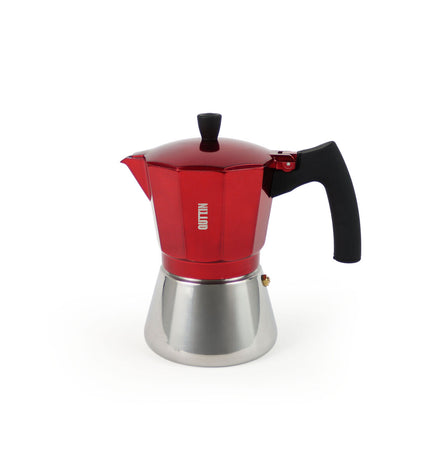 Six red Quttin Italian coffee pots in aluminium, 0.45L each, for brewing traditional espresso-style coffee.