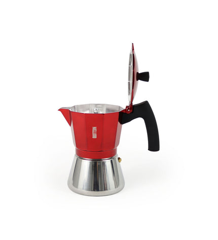Set of six red Quttin Italian coffee pots in aluminum, 0.45 L each, for brewing traditional espresso-style coffee.