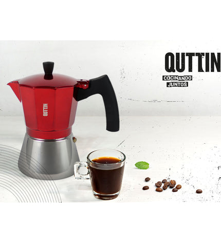 Six red Quttin aluminium Italian coffee pots with 0.45L capacity, suitable for making traditional espresso coffee.