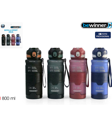 Set of 12 Bewinner 800 ml water bottles for sports, outdoor, camping, and hiking, shown in a group with caps and labels.