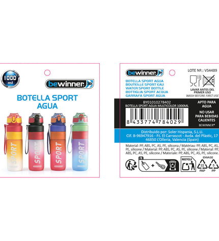 Set of 12 Bewinner multicolour 1L water bottles for outdoor sports, camping, and hiking, with colorful designs and 28cm height.