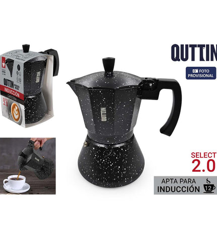 Six Quttin aluminium Italian coffee pots, 0.6 L each, shown stacked for house and kitchen use, ideal for brewing authentic espresso.