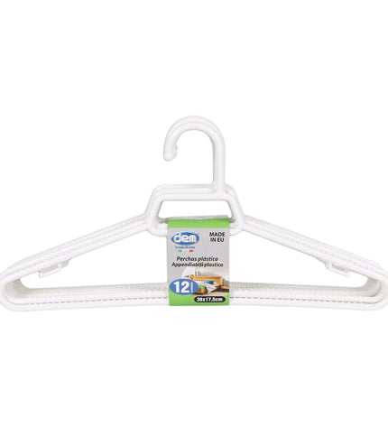 Set of 12 white plastic Kleerhangerset Dem for clothing storage, measuring 38 x 17.5 cm, ideal for home organization.