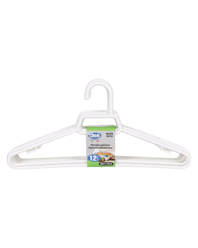 Set of 12 white plastic Kleerhangerset Dem for clothing storage, measuring 38 x 17.5 cm, ideal for home organization.
