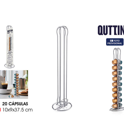 Quttin silver coffee capsule organizer in iron, 10x9x37.5 cm, holding 12 capsules for kitchen and coffee storage.