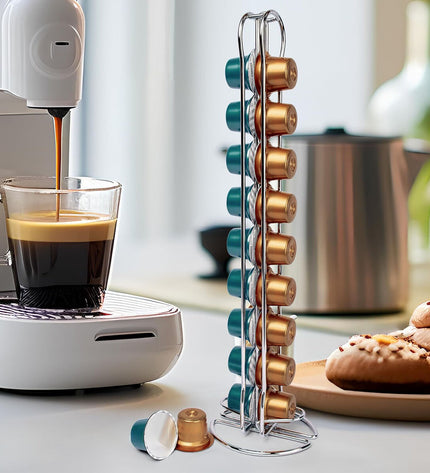Quttin coffee capsule organizer in silver metal, 10x9x37.5 cm, holding 12 capsules for kitchen and coffee storage.