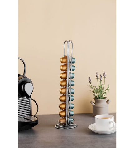 Quttin silver coffee capsule organizer with 12 compartments, metal storage box in a sleek, compact design for kitchen use.