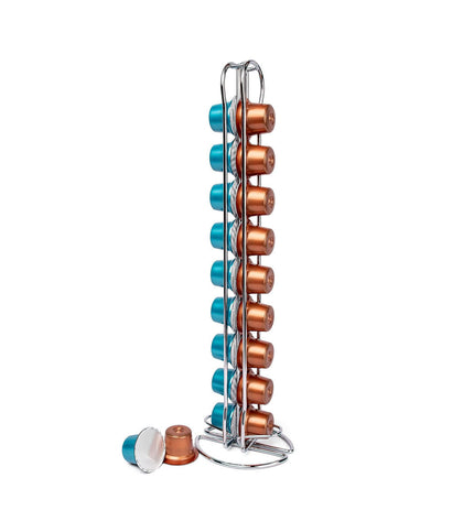 Quttin coffee capsule organizer in silver iron, 10 x 9 x 37.5 cm, designed for storing 12 coffee capsules, ideal for kitchen use.