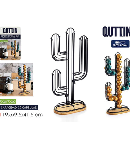 Quttin black bamboo coffee capsule organizer with iron frame holding 12 capsules, measuring 19.5 x 9.5 x 41.5 cm with cactus design.