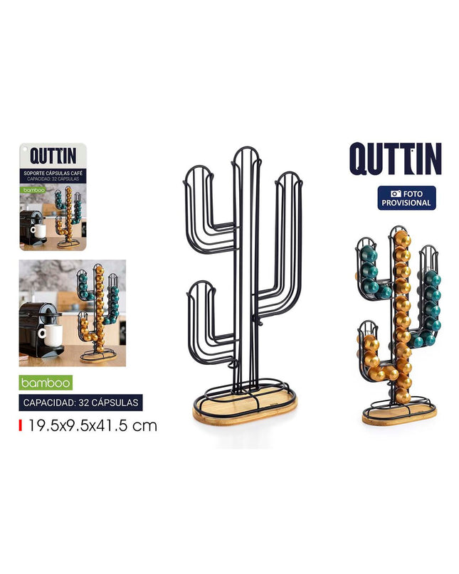 Quttin black bamboo coffee capsule organizer with iron frame holding 12 capsules, measuring 19.5 x 9.5 x 41.5 cm with cactus design.