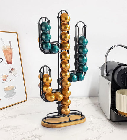 Quttin coffee capsule organizer in black bamboo and iron with cactus design, 19.5 x 9.5 x 41.5 cm, holds 12 capsules.