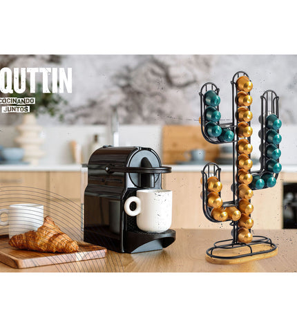 Quttin black bamboo and iron coffee capsule organizer with cactus design, 19.5 x 9.5 x 41.5 cm, holds 12 capsules.