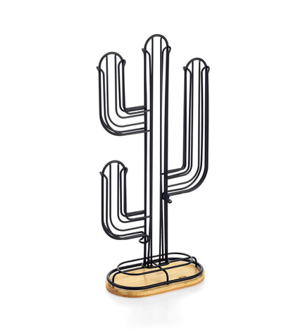 Quttin black bamboo and iron coffee capsule organizer with cactus design, 19.5x9.5x41.5 cm, holds 12 capsules for kitchen use.