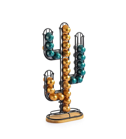 Quttin black bamboo and iron coffee capsule organizer with cactus design, 19.5 x 9.5 x 41.5 cm, holds 12 capsules.