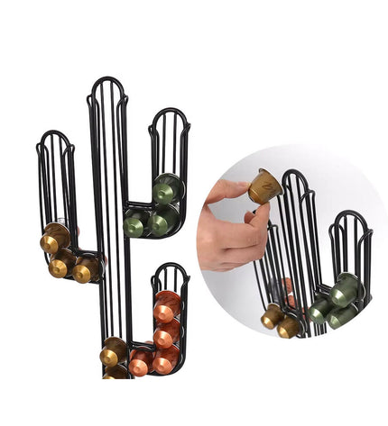 Quttin black bamboo coffee capsule organizer with iron frame, cactus design, 19.5x9.5x41.5 cm, holds 12 capsules.