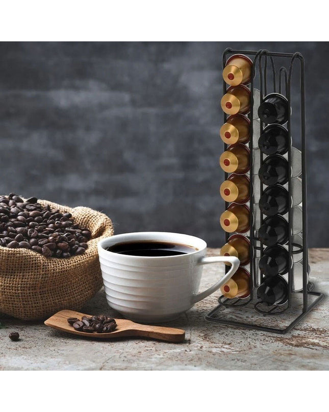 Quttin black iron coffee capsule organizer with 12 compartments for storing and organizing coffee capsules.