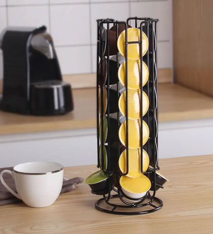 Quttin black iron coffee capsule organizer with 12 compartments, 11.5 x 33 cm for storing coffee capsules in the kitchen.